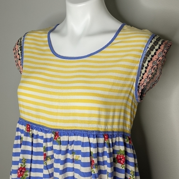 Matilda Jane yellow blue striped floral button back blouse S - Picture 2 of 8